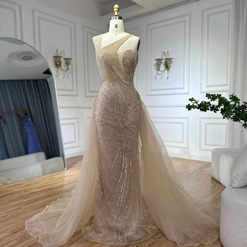 Luxury Dubai   Nude Mermaid Green Evening Gown with Elegant One Shoulder Overskirt for Formal Occasion LA72031A