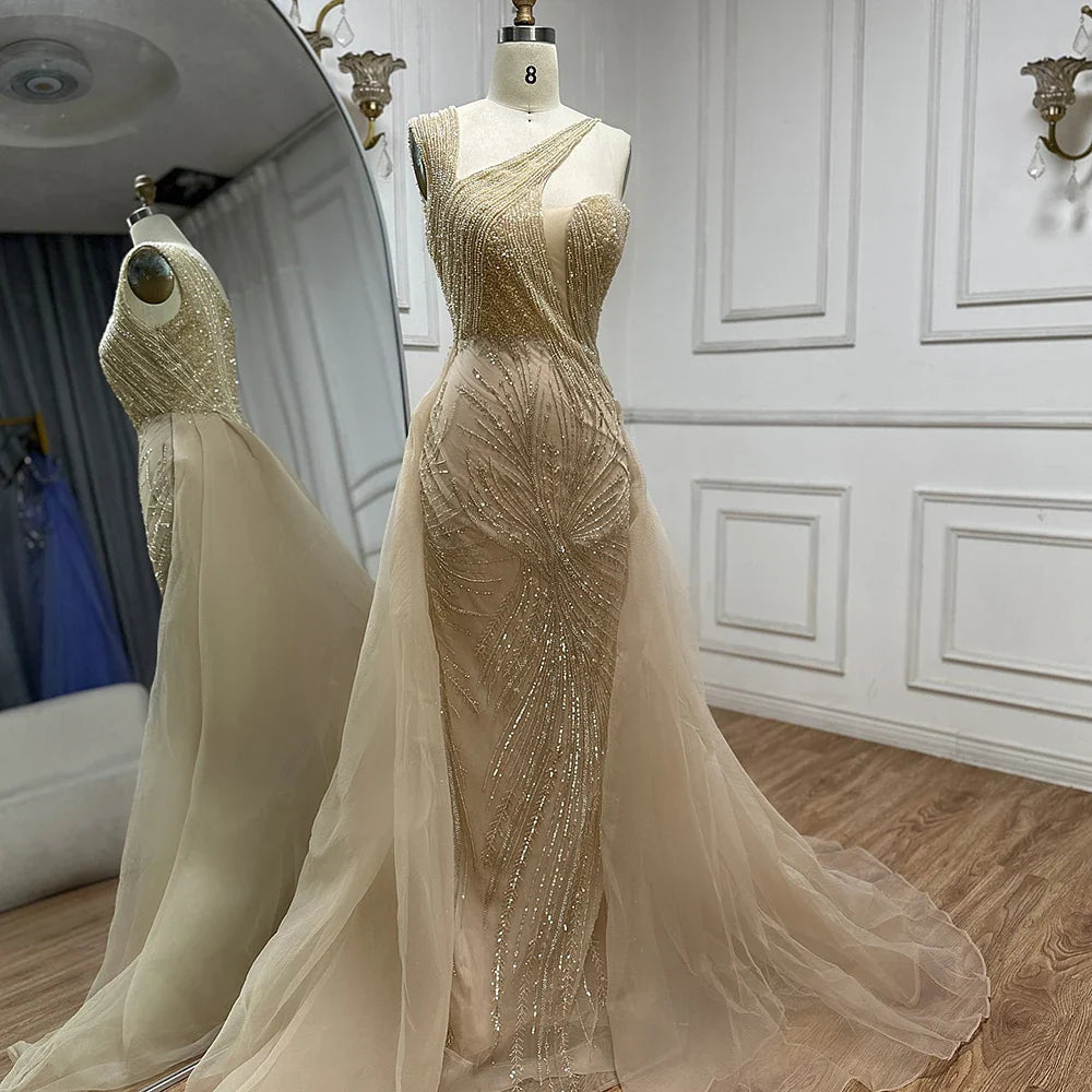 Luxury Dubai   Nude Mermaid Green Evening Gown with Elegant One Shoulder Overskirt for Formal Occasion LA72031A