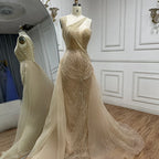 Luxury Dubai   Nude Mermaid Green Evening Gown with Elegant One Shoulder Overskirt for Formal Occasion LA72031A
