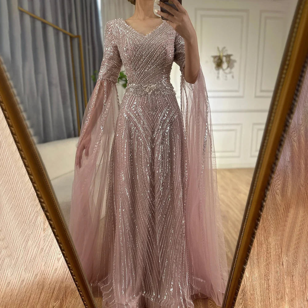Luxuriöses, karamellfarbenes A-Linien-Abendkleid mit Perlenbesatz und Cape-Ärmeln aus Dubai LA72798