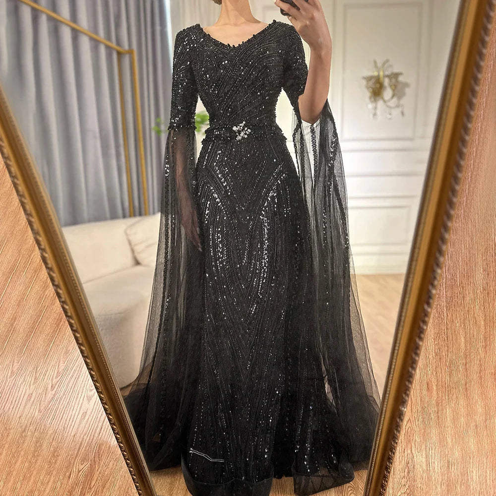 Luxuriöses, karamellfarbenes A-Linien-Abendkleid mit Perlenbesatz und Cape-Ärmeln aus Dubai LA72798