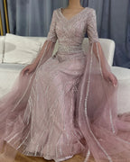 Luxuriöses, karamellfarbenes A-Linien-Abendkleid mit Perlenbesatz und Cape-Ärmeln aus Dubai LA72798