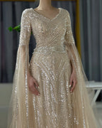 Luxuriöses, karamellfarbenes A-Linien-Abendkleid mit Perlenbesatz und Cape-Ärmeln aus Dubai LA72798