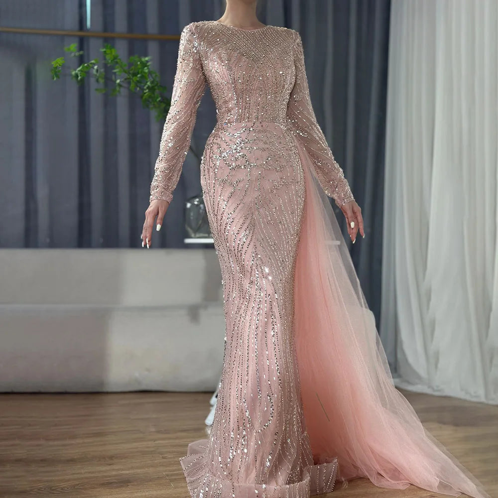 Luxury Dubai  Caramel Beaded Mermaid Long Arabic Evening Dresses Gowns With Overskirt for Formal Occasion  LA71673A