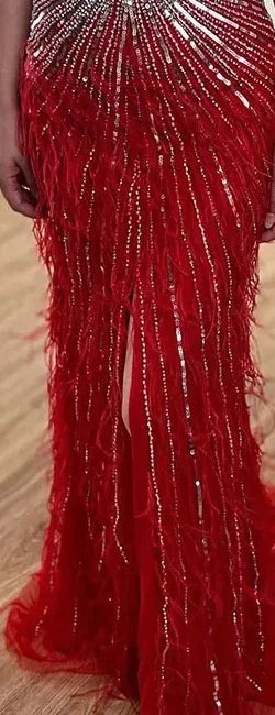 Meerjungfrauen-Abendkleid mit Federn, silbergrau, formelles Partykleid LA70623A