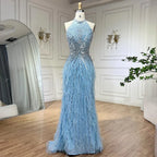 Meerjungfrauen-Abendkleid mit Federn, silbergrau, formelles Partykleid LA70623A