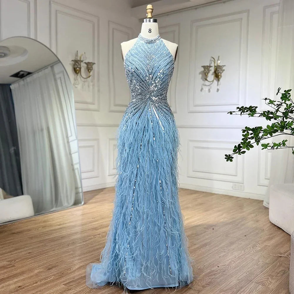 Meerjungfrauen-Abendkleid mit Federn, silbergrau, formelles Partykleid LA70623A