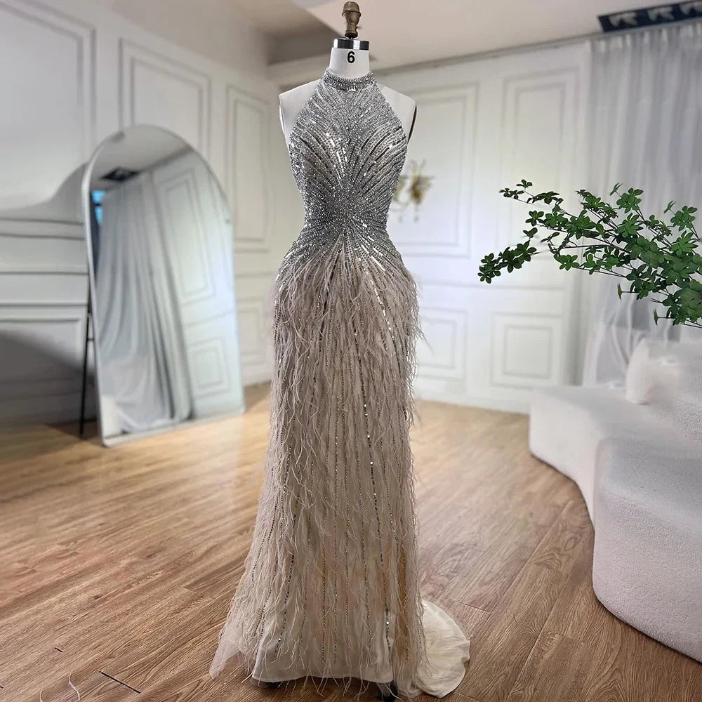 Meerjungfrauen-Abendkleid mit Federn, silbergrau, formelles Partykleid LA70623A