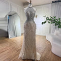Meerjungfrauen-Abendkleid mit Federn, silbergrau, formelles Partykleid LA70623A
