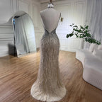 Meerjungfrauen-Abendkleid mit Federn, silbergrau, formelles Partykleid LA70623A