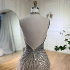 Meerjungfrauen-Abendkleid mit Federn, silbergrau, formelles Partykleid LA70623A