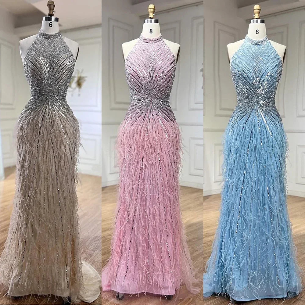 Meerjungfrauen-Abendkleid mit Federn, silbergrau, formelles Partykleid LA70623A