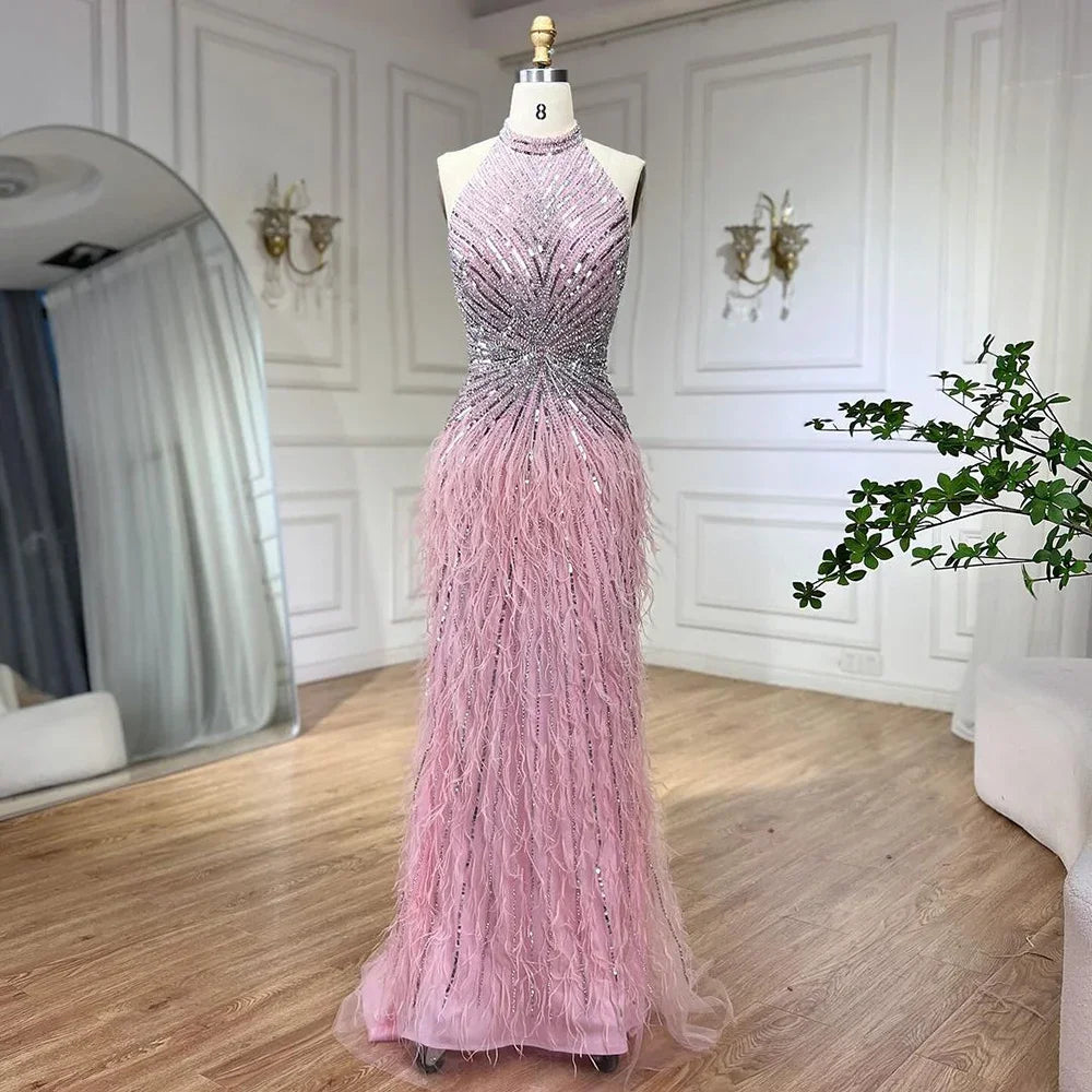 Meerjungfrauen-Abendkleid mit Federn, silbergrau, formelles Partykleid LA70623A