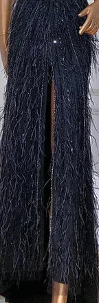 Meerjungfrauen-Abendkleid mit Federn, silbergrau, formelles Partykleid LA70623A