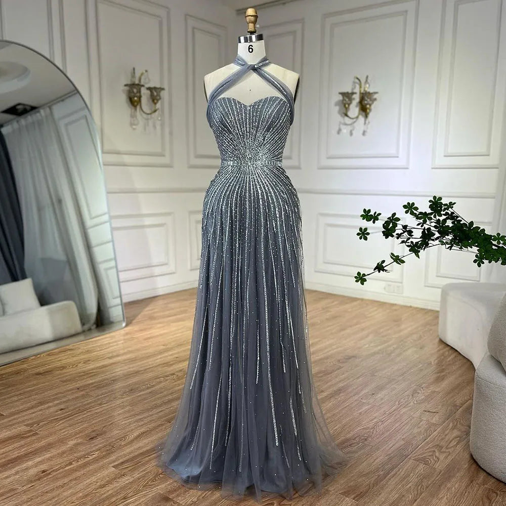 Serene Hill Dubai Türkis Spaghettiträger Meerjungfrau Luxus Perlen Abendkleider Ballkleider für Damen Hochzeitsfeier