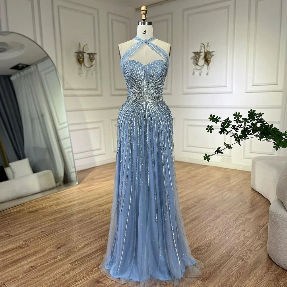 Serene Hill Dubai Türkis Spaghettiträger Meerjungfrau Luxus Perlen Abendkleider Ballkleider für Damen Hochzeitsfeier