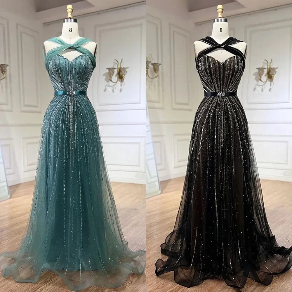 Serene Hill Dubai Türkis Spaghettiträger Meerjungfrau Luxus Perlen Abendkleider Ballkleider für Damen Hochzeitsfeier