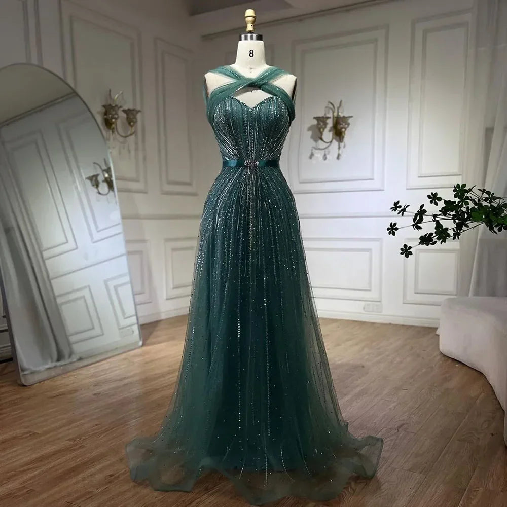 Serene Hill Dubai Türkis Spaghettiträger Meerjungfrau Luxus Perlen Abendkleider Ballkleider für Damen Hochzeitsfeier