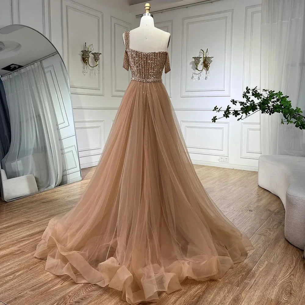 Serene Hill Gold Mermaid Elegant One Shoulder Overskirt Beaded Luxury Evening Dresses Gowns For Women Wedding Party