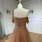 Serene Hill Gold Mermaid Elegant One Shoulder Overskirt Beaded Luxury Evening Dresses Gowns For Women Wedding Party