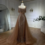 Serene Hill Gold Mermaid Elegant One Shoulder Overskirt Beaded Luxury Evening Dresses Gowns For Women Wedding Party