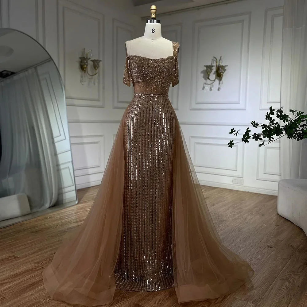 Serene Hill Gold Mermaid Elegant One Shoulder Overskirt Beaded Luxury Evening Dresses Gowns For Women Wedding Party