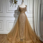 Serene Hill Gold Mermaid Elegant One Shoulder Overskirt Beaded Luxury Evening Dresses Gowns For Women Wedding Party