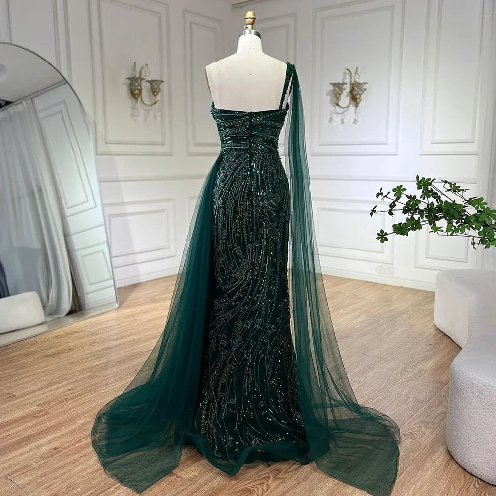 Vestido de noche de sirena de lujo verde con un solo hombro y capa LA72472