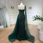 Vestido de noche de sirena de lujo verde con un solo hombro y capa LA72472