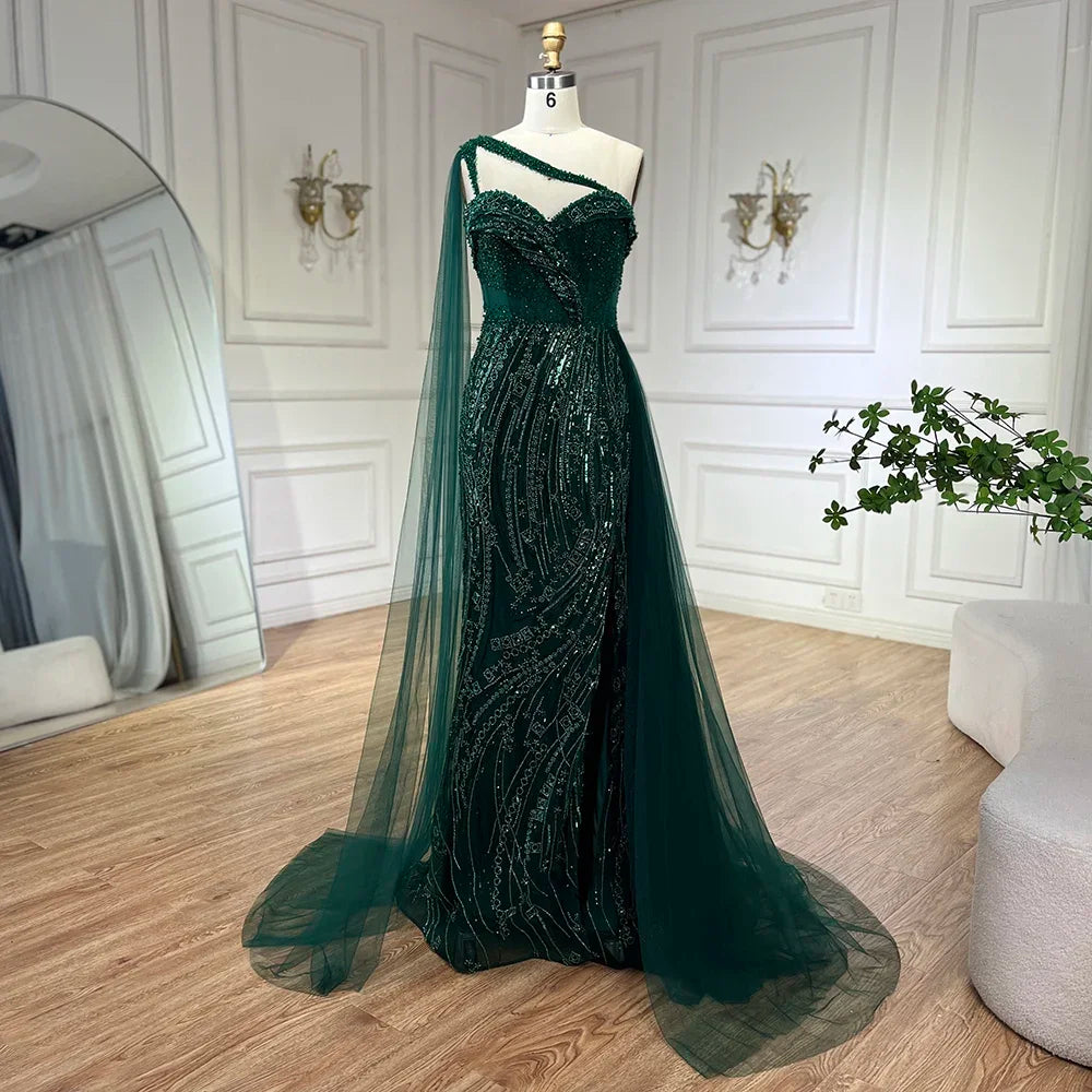 Vestido de noche de sirena de lujo verde con un solo hombro y capa LA72472