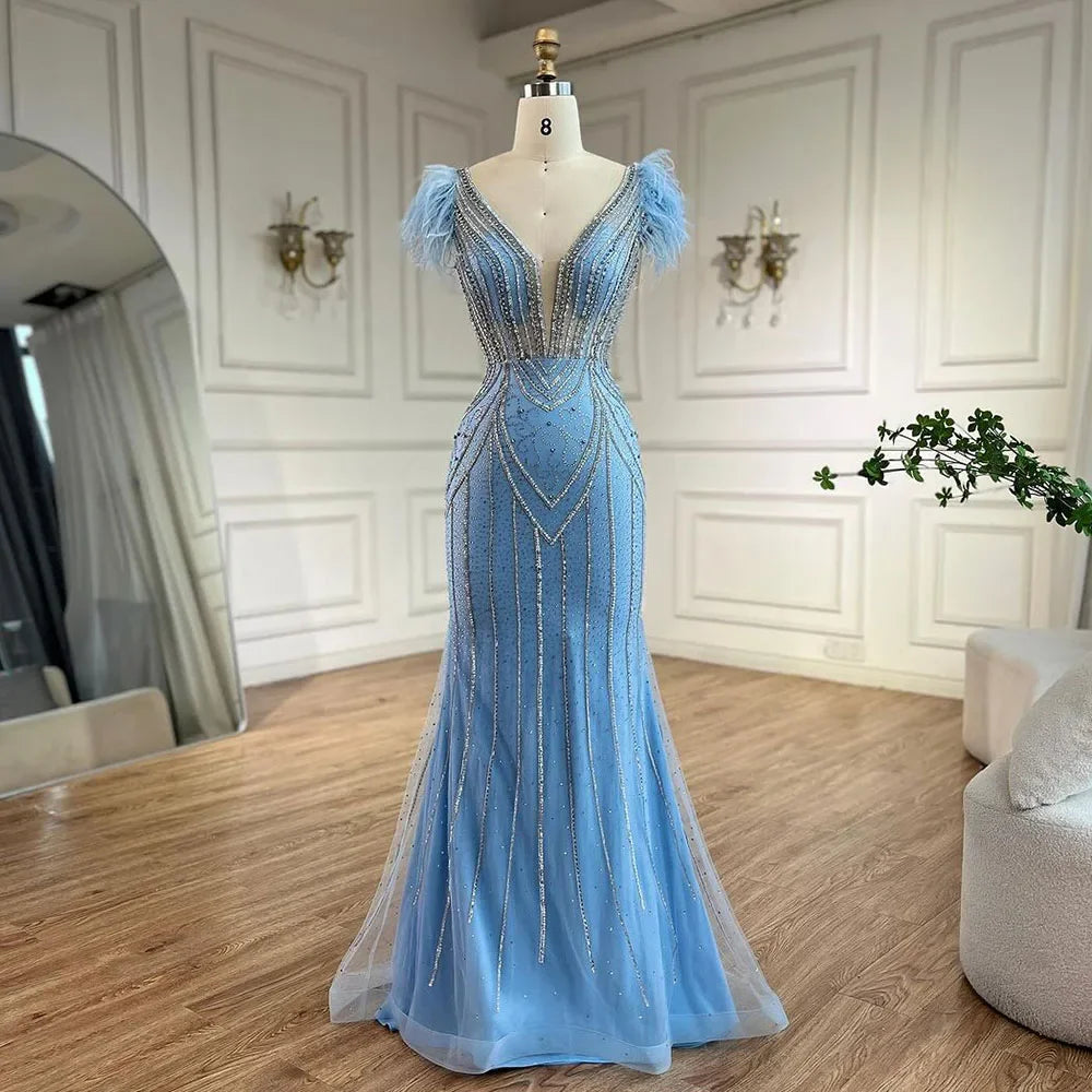 Luxuriöses Dubai-Abendkleid im Meerjungfrauenstil mit Perlen und Federn in Blau, LA72578 