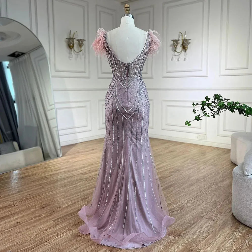 Luxuriöses Dubai-Abendkleid im Meerjungfrauenstil mit Perlen und Federn in Blau, LA72578 