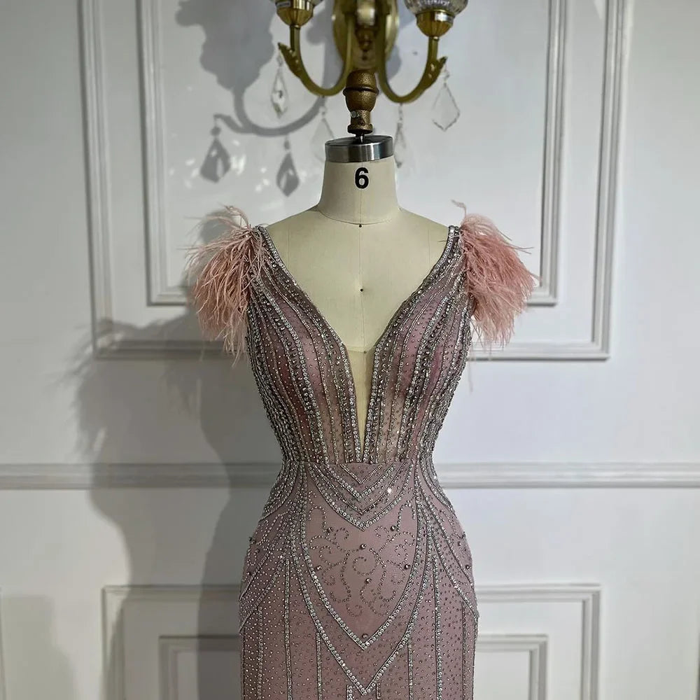 Luxuriöses Dubai-Abendkleid im Meerjungfrauenstil mit Perlen und Federn in Blau, LA72578 
