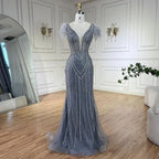 Luxuriöses Dubai-Abendkleid im Meerjungfrauenstil mit Perlen und Federn in Blau, LA72578 