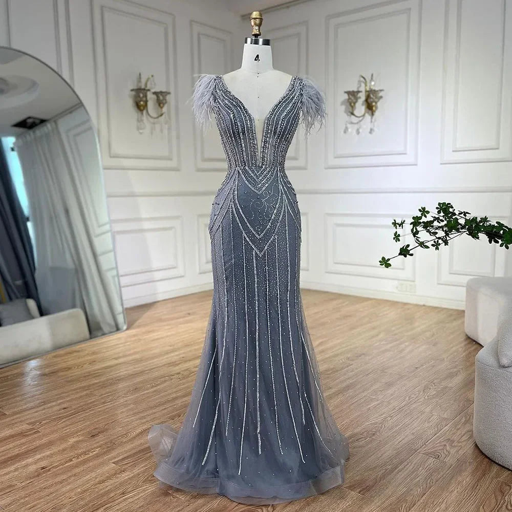 Luxuriöses Dubai-Abendkleid im Meerjungfrauenstil mit Perlen und Federn in Blau, LA72578 