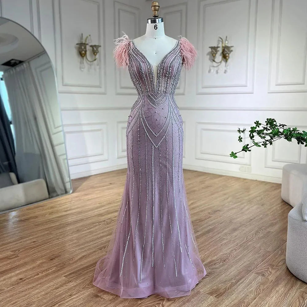 Luxuriöses Dubai-Abendkleid im Meerjungfrauenstil mit Perlen und Federn in Blau, LA72578 
