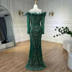 Luxuriöses, grünes Abendkleid mit langen Ärmeln, Federn und Perlenbesatz aus Dubai LA72553
