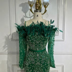 Luxuriöses, grünes Abendkleid mit langen Ärmeln, Federn und Perlenbesatz aus Dubai LA72553