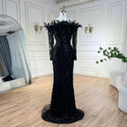 Luxuriöses, grünes Abendkleid mit langen Ärmeln, Federn und Perlenbesatz aus Dubai LA72553