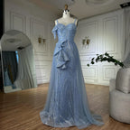 Luxury Dubai Mermaid Evening Dress With Skirt  Light blue Beaded Spaghetti Strap For Formal Occasion