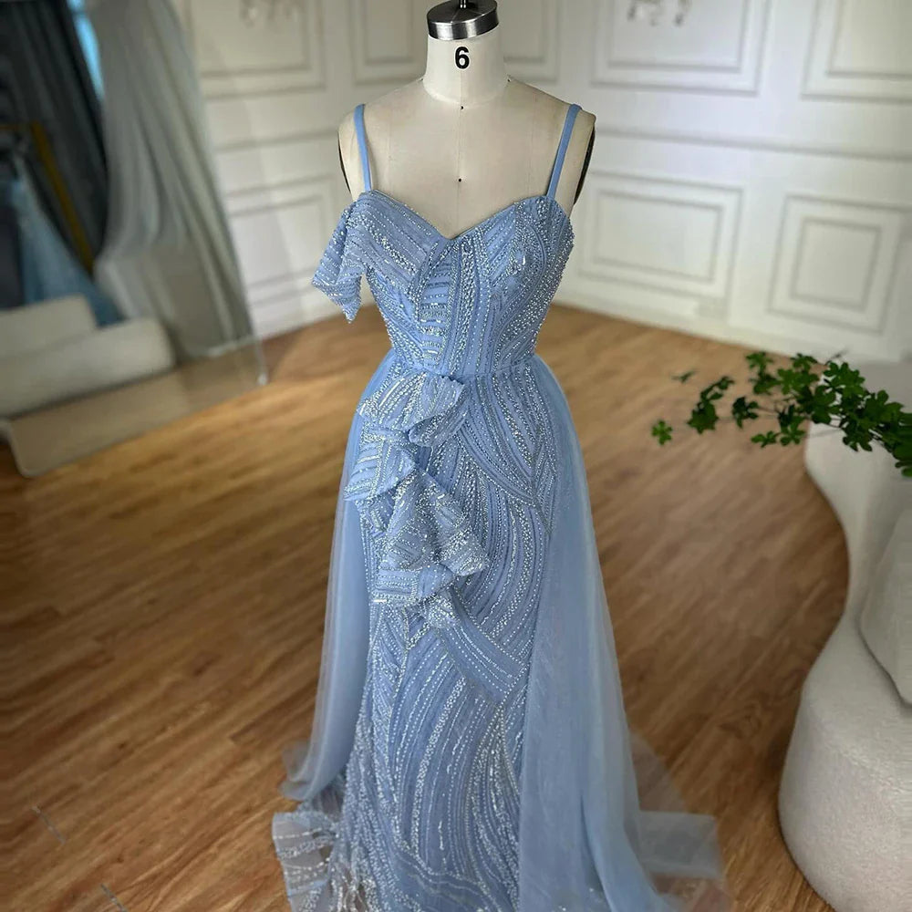Luxury Dubai Mermaid Evening Dress With Skirt  Light blue Beaded Spaghetti Strap For Formal Occasion