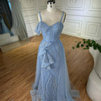 Luxury Dubai Mermaid Evening Dress With Skirt  Light blue Beaded Spaghetti Strap For Formal Occasion