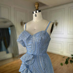 Luxury Dubai Mermaid Evening Dress With Skirt  Light blue Beaded Spaghetti Strap For Formal Occasion