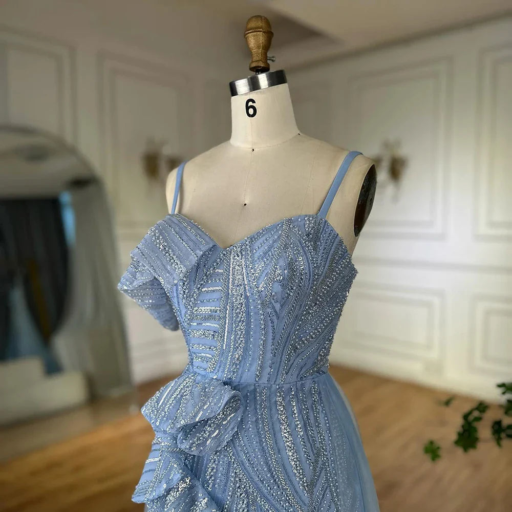Luxury Dubai Mermaid Evening Dress With Skirt  Light blue Beaded Spaghetti Strap For Formal Occasion