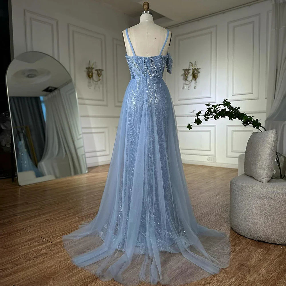 Luxury Dubai Mermaid Evening Dress With Skirt  Light blue Beaded Spaghetti Strap For Formal Occasion