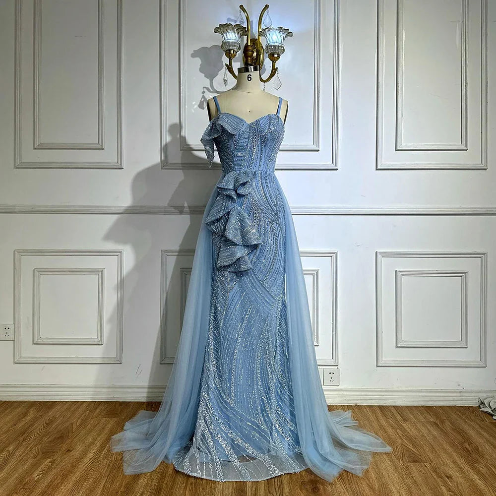 Luxury Dubai Mermaid Evening Dress With Skirt  Light blue Beaded Spaghetti Strap For Formal Occasion