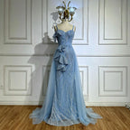Luxury Dubai Mermaid Evening Dress With Skirt  Light blue Beaded Spaghetti Strap For Formal Occasion