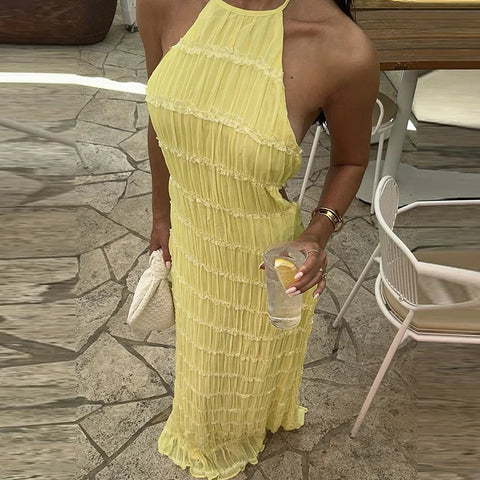 Halter Pleated Boho Vacation Dress