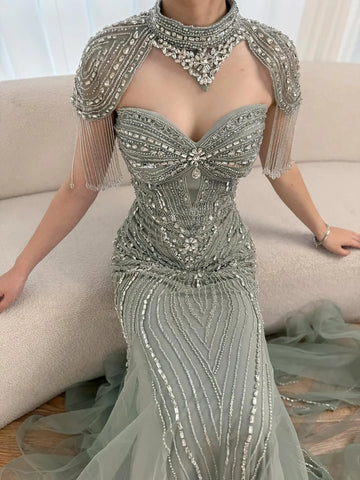 Luxury Nude Beaded High Neck Mermaid Evening Dress LA72897