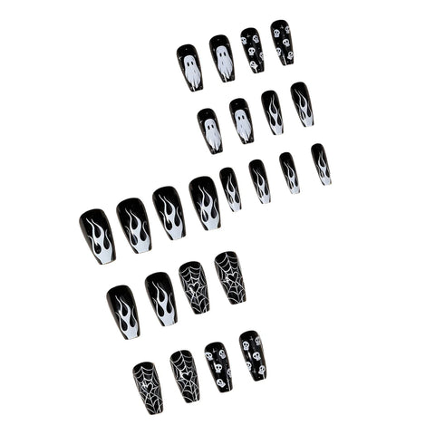 24 uñas postizas de calavera fantasma blanca para Halloween, uñas postizas de ataúd de longitud media en negro brillante, uñas postizas de telaraña negra con forma de corazón. 
